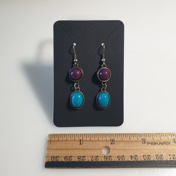 Beaded Dangle Earrings Double Drop Purple Blue Color Accents Hook Boho Gift Mom - Picture 2 of 3